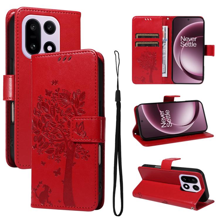 Tree & Cat Embossed Pattern Flip Leather Phone Case, For OnePlus Ace 6 5G, For OnePlus 15