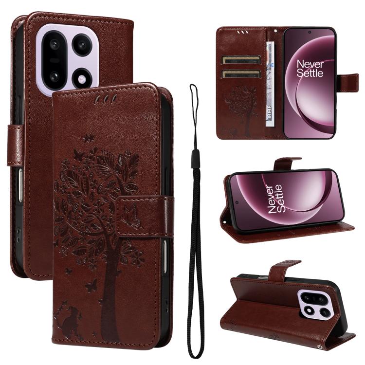 Tree & Cat Embossed Pattern Flip Leather Phone Case, For OnePlus Ace 6 5G, For OnePlus 15