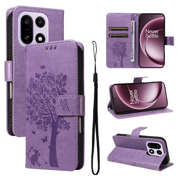 Tree & Cat Embossed Pattern Flip Leather Phone Case, For OnePlus Ace 6 5G, For OnePlus 15