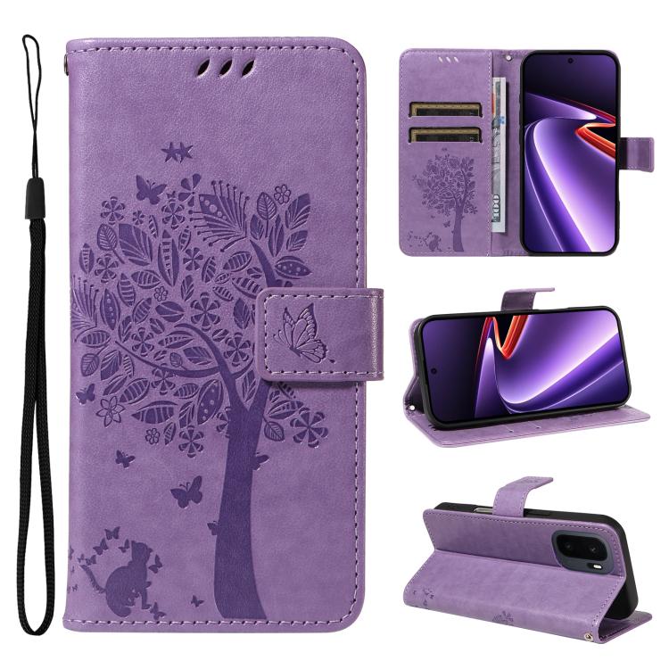Tree & Cat Embossed Pattern Flip Leather Phone Case, For OnePlus Nord CE6 Lite/Turbo 6X 5G, For OnePlus Ace 6 Ultra