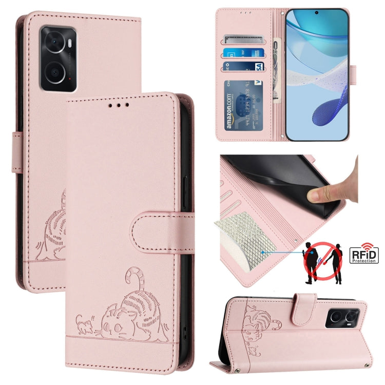 Cat Rat Embossed Pattern RFID Leather Phone Case with Lanyard, For Realme 9i 4G, For Realme Narzo 50, For Realme C20 / C11 2021 / C21, For Realme C21Y