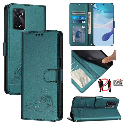 Cat Rat Embossed Pattern RFID Leather Phone Case with Lanyard, For Realme 9i 4G, For Realme Narzo 50, For Realme C20 / C11 2021 / C21, For Realme C21Y
