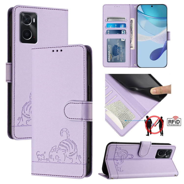 Cat Rat Embossed Pattern RFID Leather Phone Case with Lanyard, For Realme 9i 4G, For Realme Narzo 50, For Realme C20 / C11 2021 / C21, For Realme C21Y