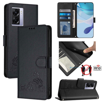 Cat Rat Embossed Pattern RFID Leather Phone Case with Lanyard, For Realme 9i 4G, For Realme Narzo 50, For Realme C20 / C11 2021 / C21, For Realme C21Y