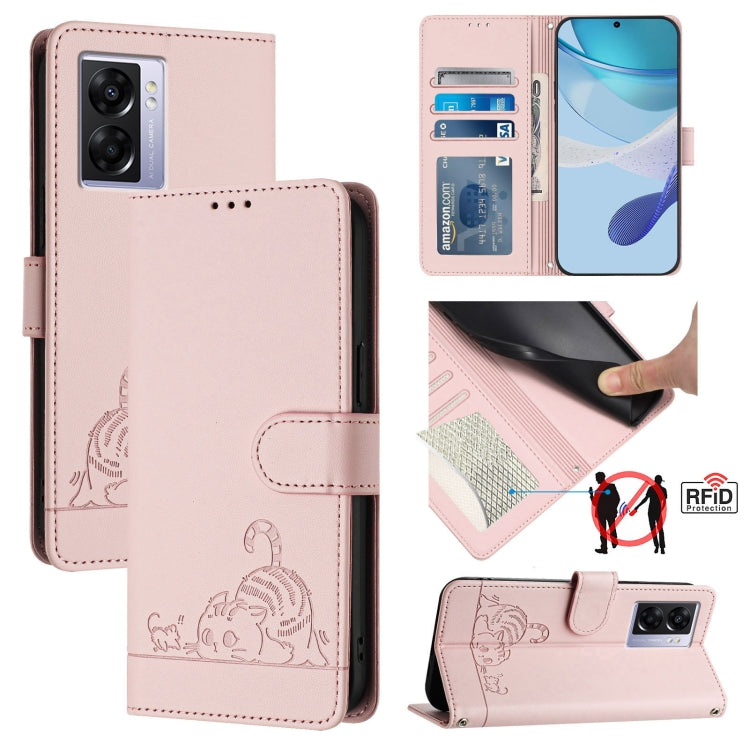 Cat Rat Embossed Pattern RFID Leather Phone Case with Lanyard, For Realme V23, For Realme Q5i, For Realme GT NEO3, For Realme 8 5G / 9 5G India