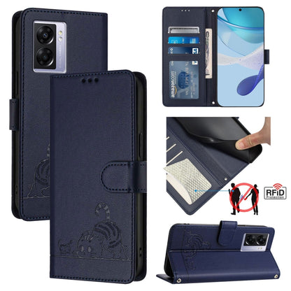 Cat Rat Embossed Pattern RFID Leather Phone Case with Lanyard, For Realme V23, For Realme Q5i, For Realme GT NEO3, For Realme 8 5G / 9 5G India