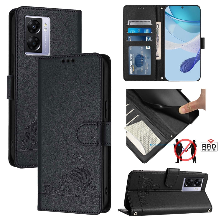 Cat Rat Embossed Pattern RFID Leather Phone Case with Lanyard, For Realme V23, For Realme Q5i, For Realme GT NEO3, For Realme 8 5G / 9 5G India