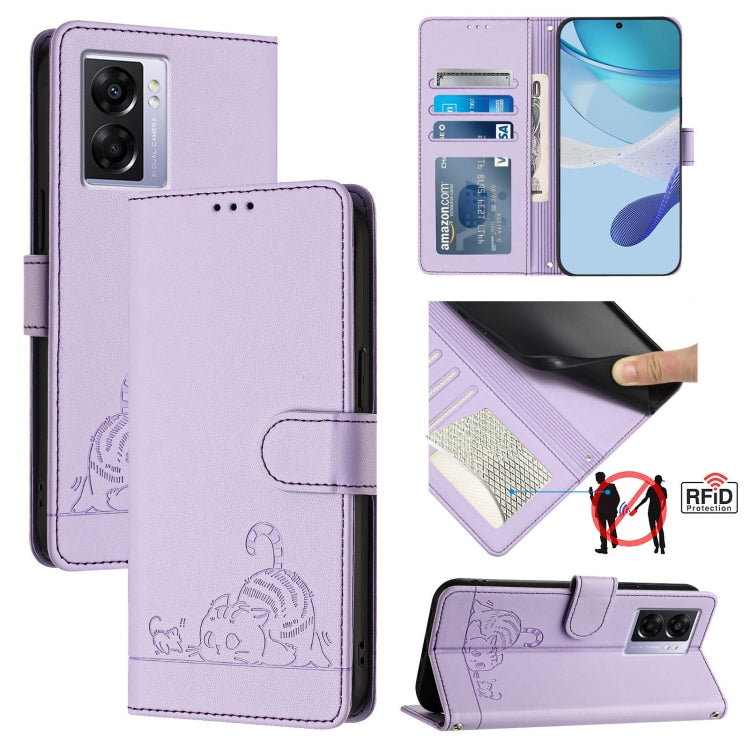 Cat Rat Embossed Pattern RFID Leather Phone Case with Lanyard, For Realme V23, For Realme Q5i, For Realme GT NEO3, For Realme 8 5G / 9 5G India