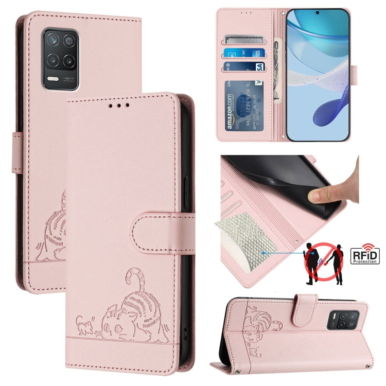 Cat Rat Embossed Pattern RFID Leather Phone Case with Lanyard, For Realme V23, For Realme Q5i, For Realme GT NEO3, For Realme 8 5G / 9 5G India