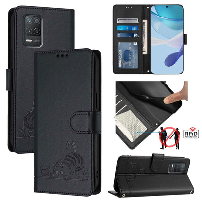 Cat Rat Embossed Pattern RFID Leather Phone Case with Lanyard, For Realme V23, For Realme Q5i, For Realme GT NEO3, For Realme 8 5G / 9 5G India