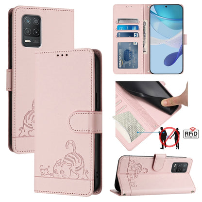 Cat Rat Embossed Pattern RFID Leather Phone Case with Lanyard, For Realme V13 5G / Q3 5G, For Realme Q3i 5G, For Realme 9 5G EU Version, For Realme 9 Pro 5G Global