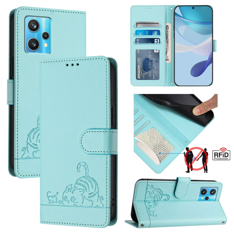 Cat Rat Embossed Pattern RFID Leather Phone Case with Lanyard, For Realme GT NEO 3T, For Realme 9 Pro+ 5G, For Realme Narzo 50 Pro 5G, For Realme 9 4G Global