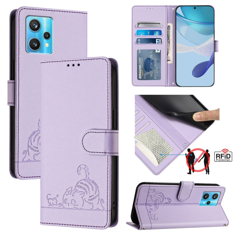 Cat Rat Embossed Pattern RFID Leather Phone Case with Lanyard, For Realme GT NEO 3T, For Realme 9 Pro+ 5G, For Realme Narzo 50 Pro 5G, For Realme 9 4G Global
