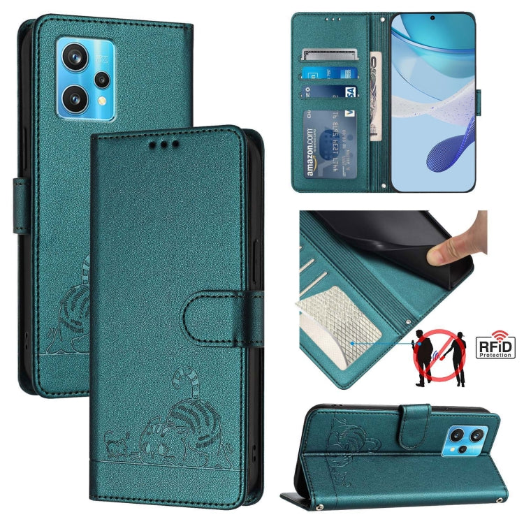 Cat Rat Embossed Pattern RFID Leather Phone Case with Lanyard, For Realme GT NEO 3T, For Realme 9 Pro+ 5G, For Realme Narzo 50 Pro 5G, For Realme 9 4G Global