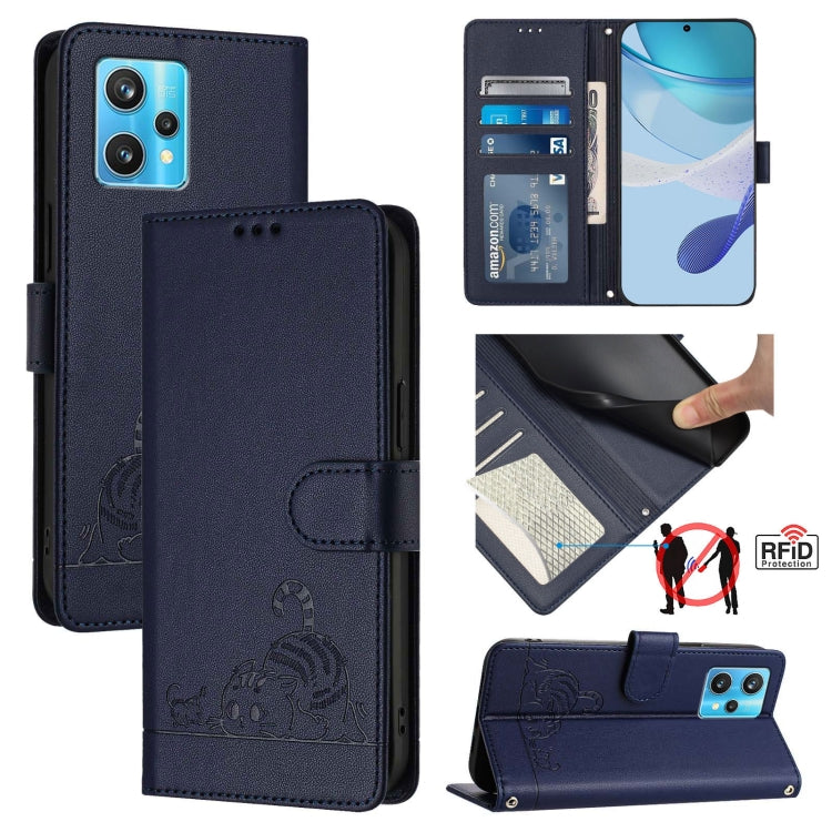 Cat Rat Embossed Pattern RFID Leather Phone Case with Lanyard, For Realme GT NEO 3T, For Realme 9 Pro+ 5G, For Realme Narzo 50 Pro 5G, For Realme 9 4G Global
