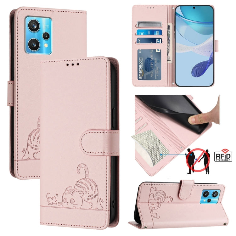 Cat Rat Embossed Pattern RFID Leather Phone Case with Lanyard, For Realme GT NEO 3T, For Realme 9 Pro+ 5G, For Realme Narzo 50 Pro 5G, For Realme 9 4G Global