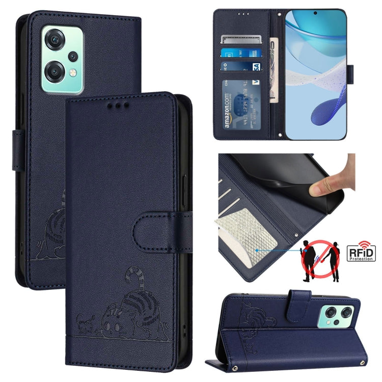Cat Rat Embossed Pattern RFID Leather Phone Case with Lanyard, For Realme V13 5G / Q3 5G, For Realme Q3i 5G, For Realme 9 5G EU Version, For Realme 9 Pro 5G Global