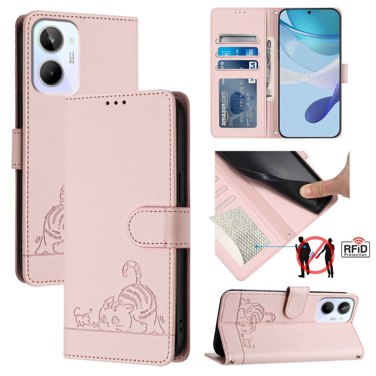 Cat Rat Embossed Pattern RFID Leather Phone Case with Lanyard, For Realme 10 4G Global, For Realme C30 4G / Narzo 50i Prime, For Realme C30S, For Realme 9i 5G India