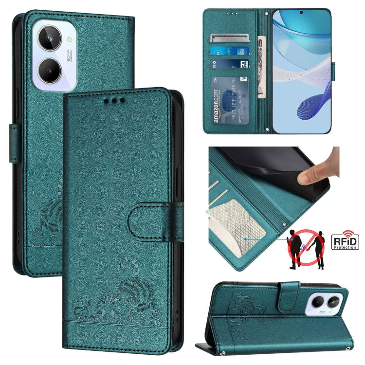 Cat Rat Embossed Pattern RFID Leather Phone Case with Lanyard, For Realme 10 4G Global, For Realme C30 4G / Narzo 50i Prime, For Realme C30S, For Realme 9i 5G India