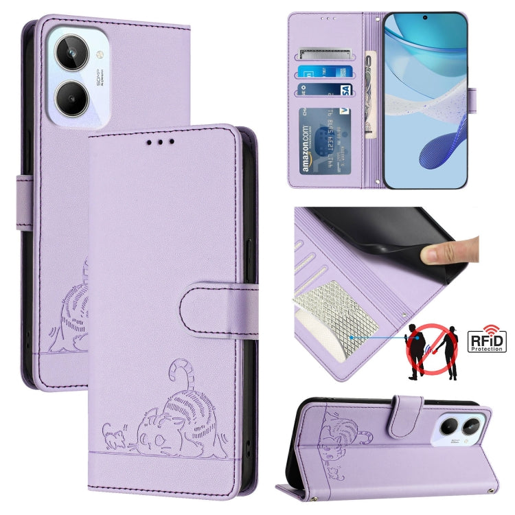 Cat Rat Embossed Pattern RFID Leather Phone Case with Lanyard, For Realme 10 4G Global, For Realme C30 4G / Narzo 50i Prime, For Realme C30S, For Realme 9i 5G India