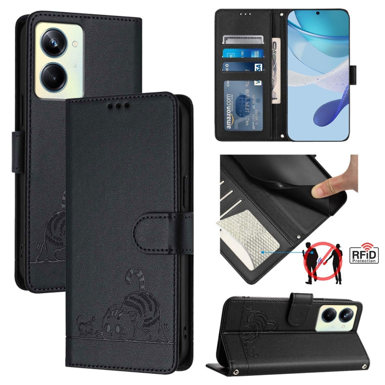 Cat Rat Embossed Pattern RFID Leather Phone Case with Lanyard, For Realme 10T 5G / 10S 5G, For Realme GT3 5G / GT Neo 5 240W, For Realme 10 Pro 5G, For Realme 10 Pro+ 5G