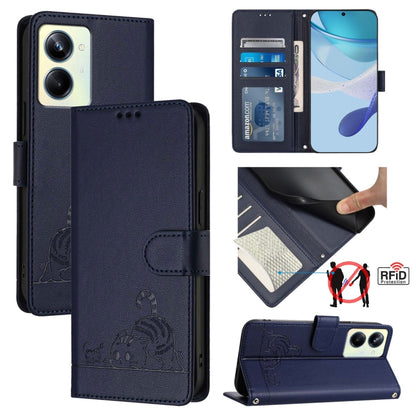 Cat Rat Embossed Pattern RFID Leather Phone Case with Lanyard, For Realme 10T 5G / 10S 5G, For Realme GT3 5G / GT Neo 5 240W, For Realme 10 Pro 5G, For Realme 10 Pro+ 5G
