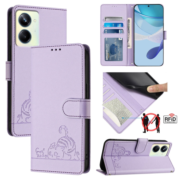 Cat Rat Embossed Pattern RFID Leather Phone Case with Lanyard, For Realme 10T 5G / 10S 5G, For Realme GT3 5G / GT Neo 5 240W, For Realme 10 Pro 5G, For Realme 10 Pro+ 5G
