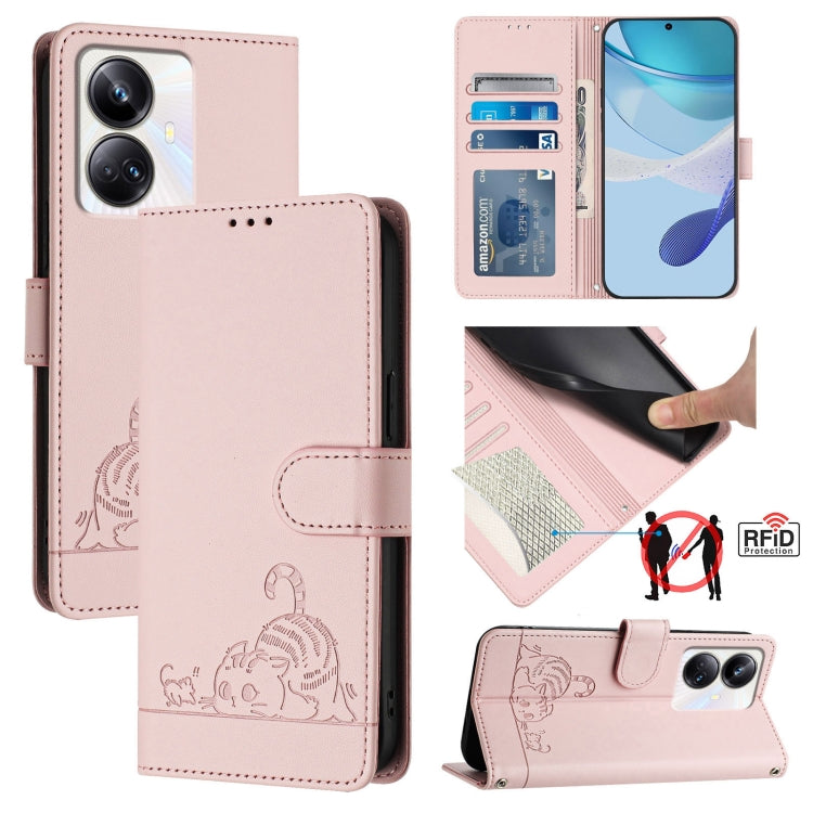 Cat Rat Embossed Pattern RFID Leather Phone Case with Lanyard, For Realme 10T 5G / 10S 5G, For Realme GT3 5G / GT Neo 5 240W, For Realme 10 Pro 5G, For Realme 10 Pro+ 5G