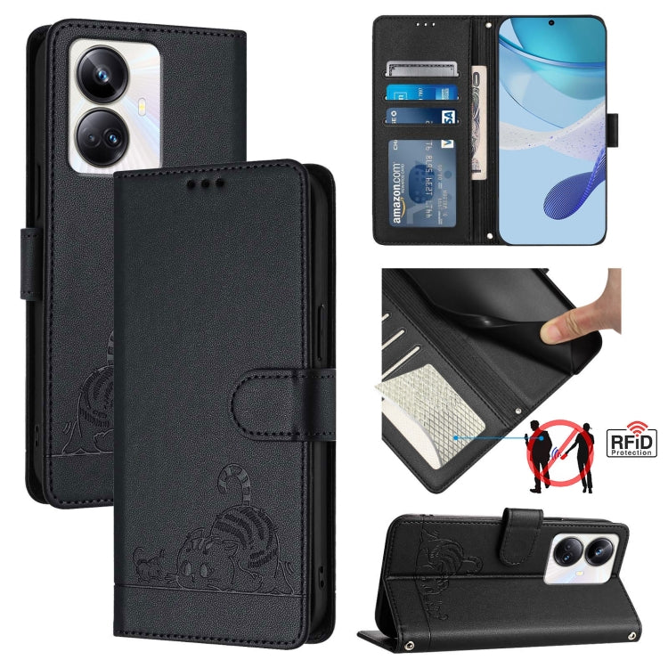 Cat Rat Embossed Pattern RFID Leather Phone Case with Lanyard, For Realme 10T 5G / 10S 5G, For Realme GT3 5G / GT Neo 5 240W, For Realme 10 Pro 5G, For Realme 10 Pro+ 5G