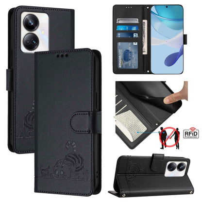Cat Rat Embossed Pattern RFID Leather Phone Case with Lanyard, For Realme 10T 5G / 10S 5G, For Realme GT3 5G / GT Neo 5 240W, For Realme 10 Pro 5G, For Realme 10 Pro+ 5G