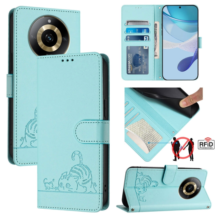Cat Rat Embossed Pattern RFID Leather Phone Case with Lanyard, For Realme 11 4G Global, For Realme GT5 5G 240W / GT5 5G, For Realme Narzo 60 Pro Global, For Realme C65 4G Global