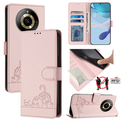 Cat Rat Embossed Pattern RFID Leather Phone Case with Lanyard, For Realme 11 4G Global, For Realme GT5 5G 240W / GT5 5G, For Realme Narzo 60 Pro Global, For Realme C65 4G Global