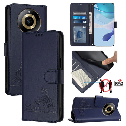 Cat Rat Embossed Pattern RFID Leather Phone Case with Lanyard, For Realme 11 4G Global, For Realme GT5 5G 240W / GT5 5G, For Realme Narzo 60 Pro Global, For Realme C65 4G Global