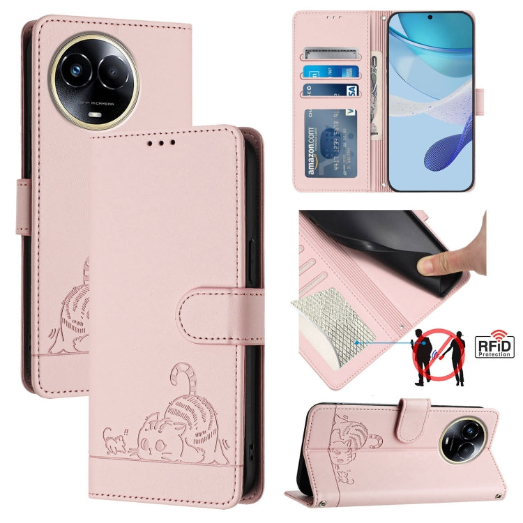 Cat Rat Embossed Pattern RFID Leather Phone Case with Lanyard, For Realme C67 4G Global, For Realme 11 5G Global / 11X 5G, For Realme C67 5G India, For Realme Narzo 60x 5G Global