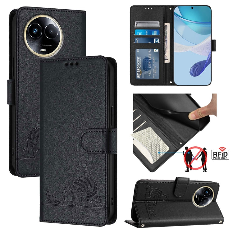 Cat Rat Embossed Pattern RFID Leather Phone Case with Lanyard, For Realme C67 4G Global, For Realme 11 5G Global / 11X 5G, For Realme C67 5G India, For Realme Narzo 60x 5G Global
