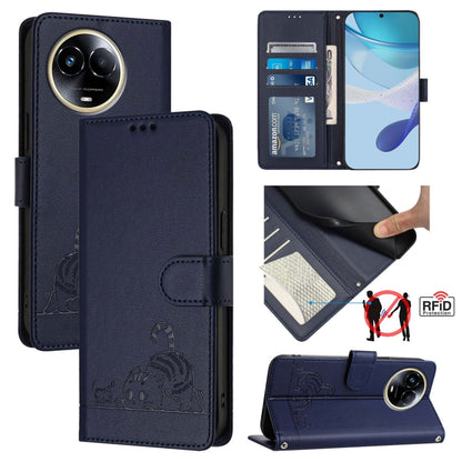 Cat Rat Embossed Pattern RFID Leather Phone Case with Lanyard, For Realme C67 4G Global, For Realme 11 5G Global / 11X 5G, For Realme C67 5G India, For Realme Narzo 60x 5G Global