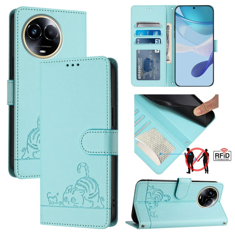 Cat Rat Embossed Pattern RFID Leather Phone Case with Lanyard, For Realme C67 4G Global, For Realme 11 5G Global / 11X 5G, For Realme C67 5G India, For Realme Narzo 60x 5G Global