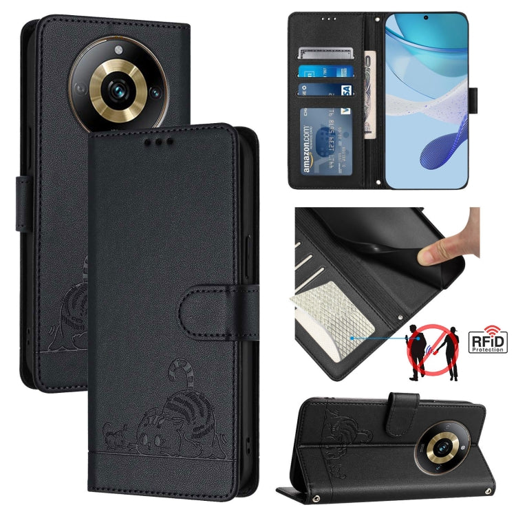 Cat Rat Embossed Pattern RFID Leather Phone Case with Lanyard, For Realme 11 4G Global, For Realme GT5 5G 240W / GT5 5G, For Realme Narzo 60 Pro Global, For Realme C65 4G Global