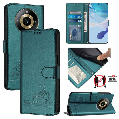 Cat Rat Embossed Pattern RFID Leather Phone Case with Lanyard, For Realme 11 4G Global, For Realme GT5 5G 240W / GT5 5G, For Realme Narzo 60 Pro Global, For Realme C65 4G Global