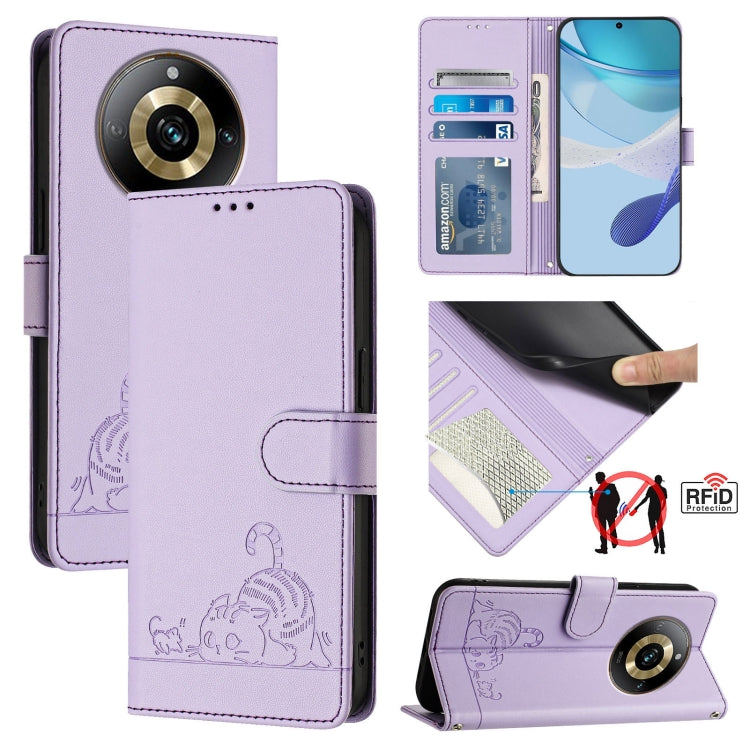 Cat Rat Embossed Pattern RFID Leather Phone Case with Lanyard, For Realme 11 4G Global, For Realme GT5 5G 240W / GT5 5G, For Realme Narzo 60 Pro Global, For Realme C65 4G Global