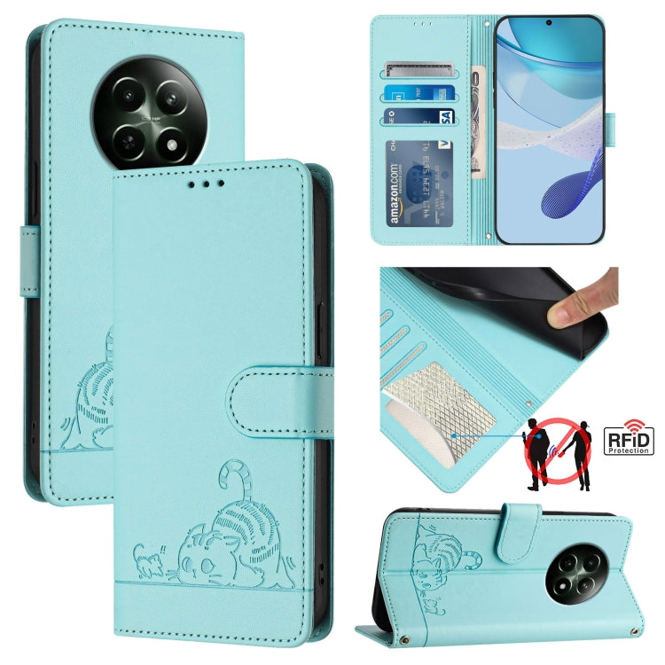 Cat Rat Embossed Pattern RFID Leather Phone Case with Lanyard, For Realme 12+ 5G Global, For Realme Narzo 70 Pro 5G India, For Realme 12 5G Global, For Realme Note 50 4G Global