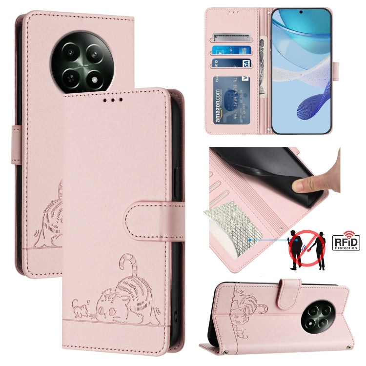 Cat Rat Embossed Pattern RFID Leather Phone Case with Lanyard, For Realme 12+ 5G Global, For Realme Narzo 70 Pro 5G India, For Realme 12 5G Global, For Realme Note 50 4G Global