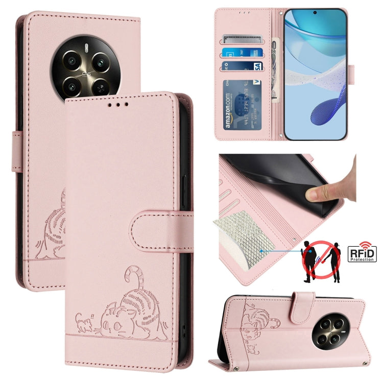 Cat Rat Embossed Pattern RFID Leather Phone Case with Lanyard, For Realme 12+ 5G Global, For Realme Narzo 70 Pro 5G India, For Realme 12 5G Global, For Realme Note 50 4G Global