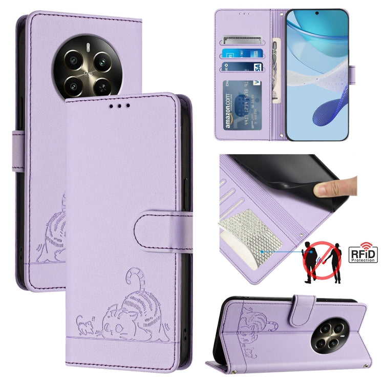 Cat Rat Embossed Pattern RFID Leather Phone Case with Lanyard, For Realme 12+ 5G Global, For Realme Narzo 70 Pro 5G India, For Realme 12 5G Global, For Realme Note 50 4G Global