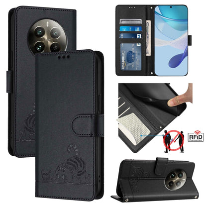 Cat Rat Embossed Pattern RFID Leather Phone Case with Lanyard, For Realme C51 4G / C53 4G Global, For Realme Narzo N53 4G Global, For Realme 12 Pro 5G Global, For Realme 12 Pro+ 5G Global