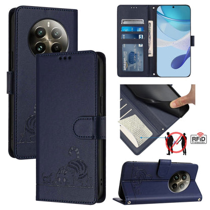 Cat Rat Embossed Pattern RFID Leather Phone Case with Lanyard, For Realme C51 4G / C53 4G Global, For Realme Narzo N53 4G Global, For Realme 12 Pro 5G Global, For Realme 12 Pro+ 5G Global
