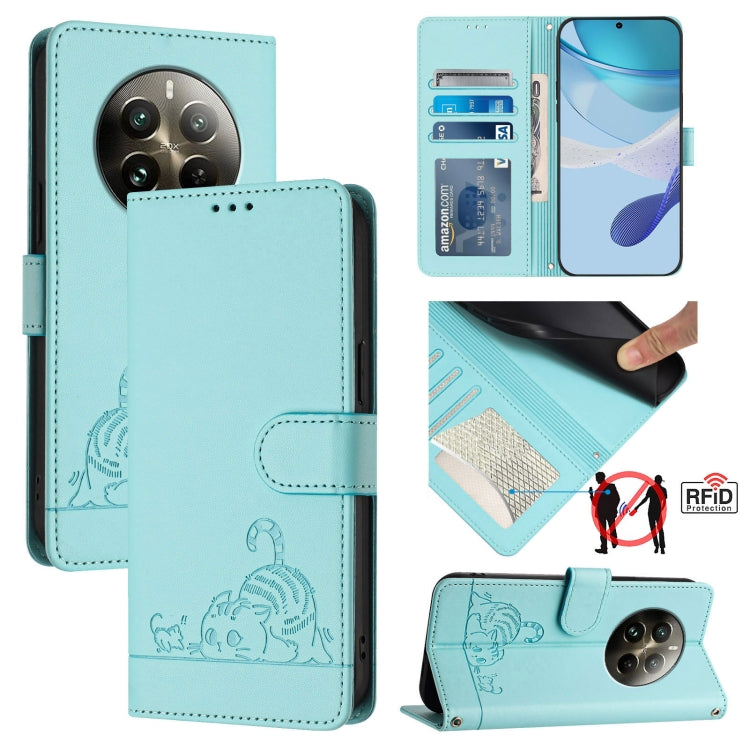 Cat Rat Embossed Pattern RFID Leather Phone Case with Lanyard, For Realme C51 4G / C53 4G Global, For Realme Narzo N53 4G Global, For Realme 12 Pro 5G Global, For Realme 12 Pro+ 5G Global