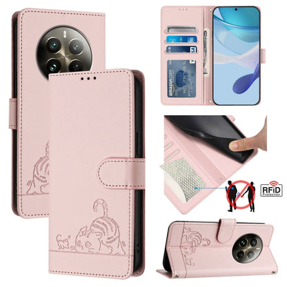Cat Rat Embossed Pattern RFID Leather Phone Case with Lanyard, For Realme C51 4G / C53 4G Global, For Realme Narzo N53 4G Global, For Realme 12 Pro 5G Global, For Realme 12 Pro+ 5G Global