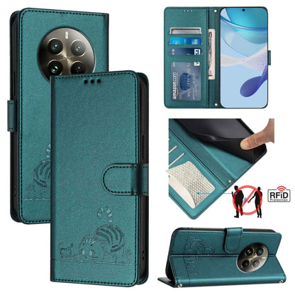 Cat Rat Embossed Pattern RFID Leather Phone Case with Lanyard, For Realme C51 4G / C53 4G Global, For Realme Narzo N53 4G Global, For Realme 12 Pro 5G Global, For Realme 12 Pro+ 5G Global