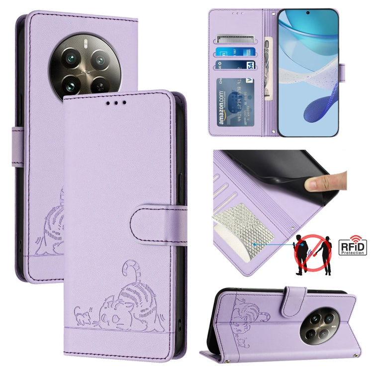 Cat Rat Embossed Pattern RFID Leather Phone Case with Lanyard, For Realme C51 4G / C53 4G Global, For Realme Narzo N53 4G Global, For Realme 12 Pro 5G Global, For Realme 12 Pro+ 5G Global